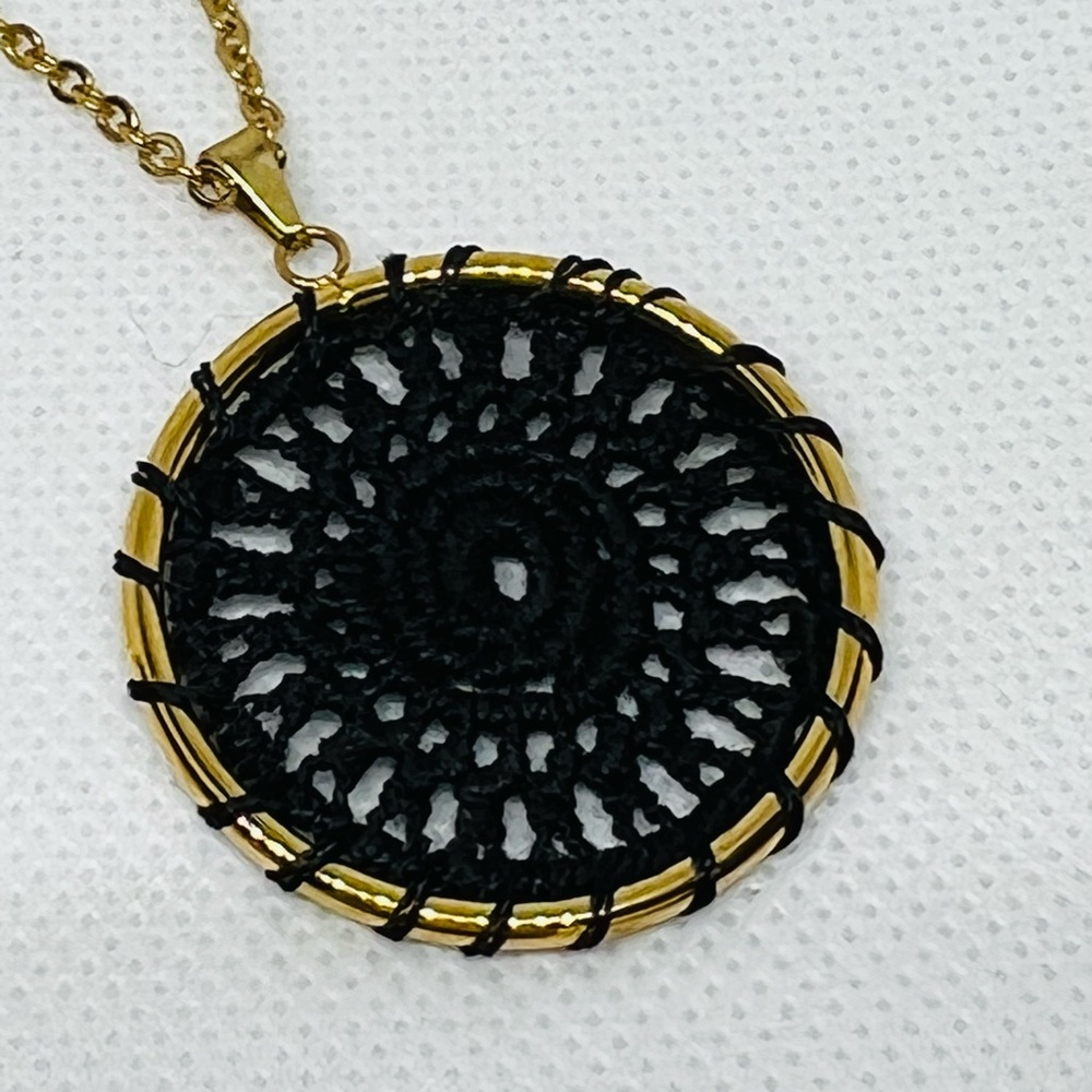 Black Fabric Circular Charm with Chain & Earrings Set.  Stainless Steel